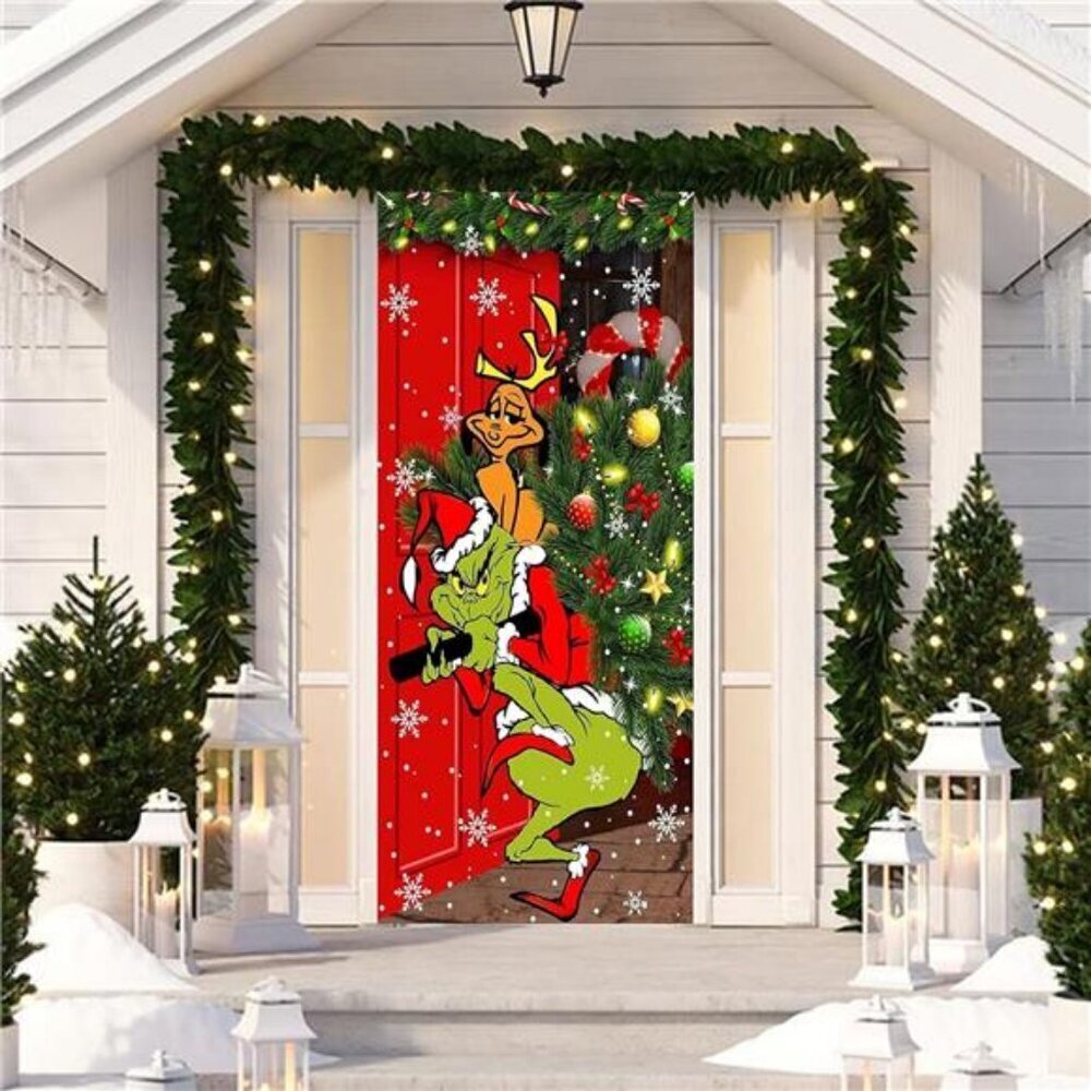 Christmas Door Cover 6x3 FT Grinch Holiday Decoration